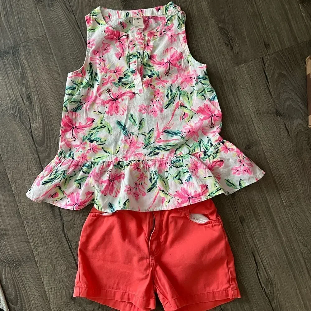 OSHKOSH FLORAL PINK PRINT PEPLUM TANK and short size 7